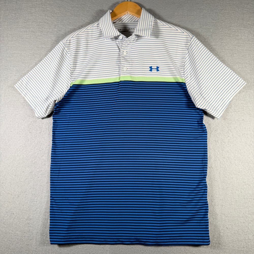 Under Armour Mens HeatGear Striped Colorblock Polo Shirt Blue White Medium